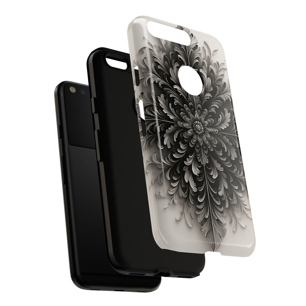 Obsidian Bloom - Elegant Black & White Google Pixel Tough Phone Case - Intricate Mandala Flower Design