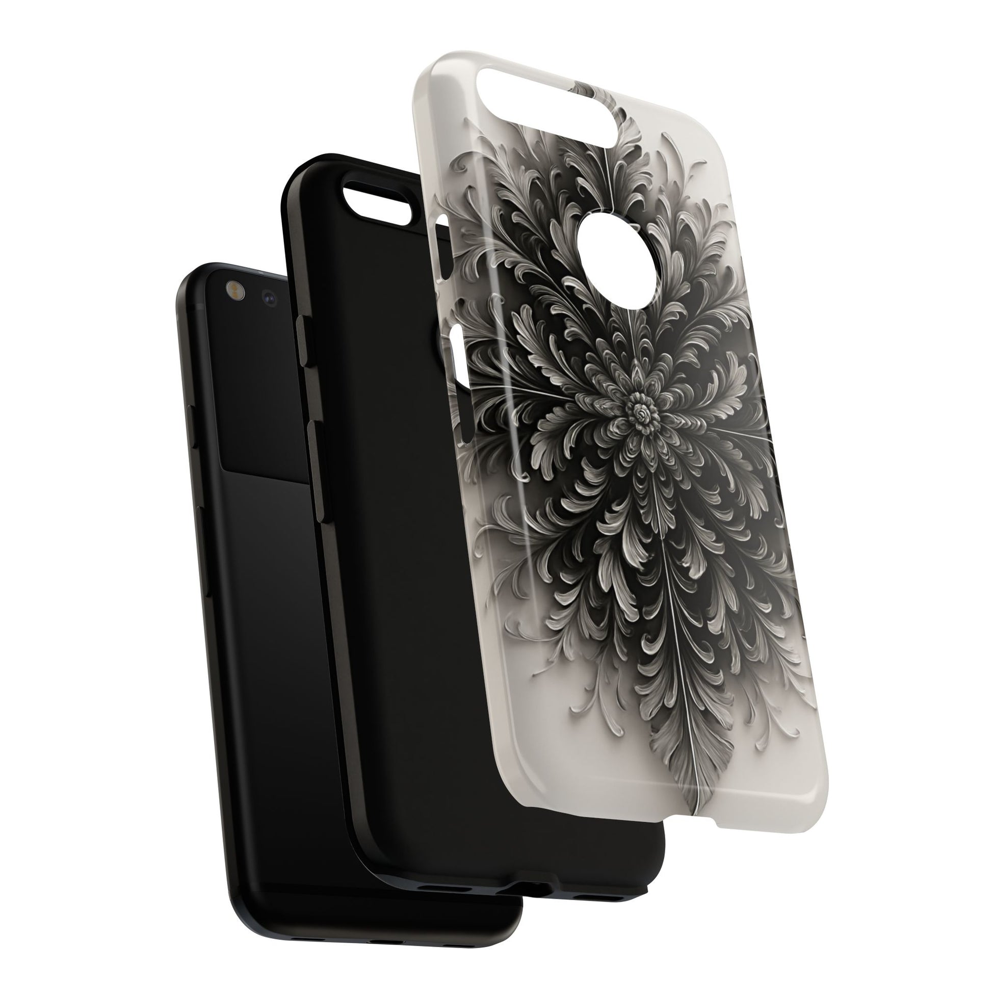 Obsidian Bloom - Elegant Black & White Google Pixel Tough Phone Case - Intricate Mandala Flower Design