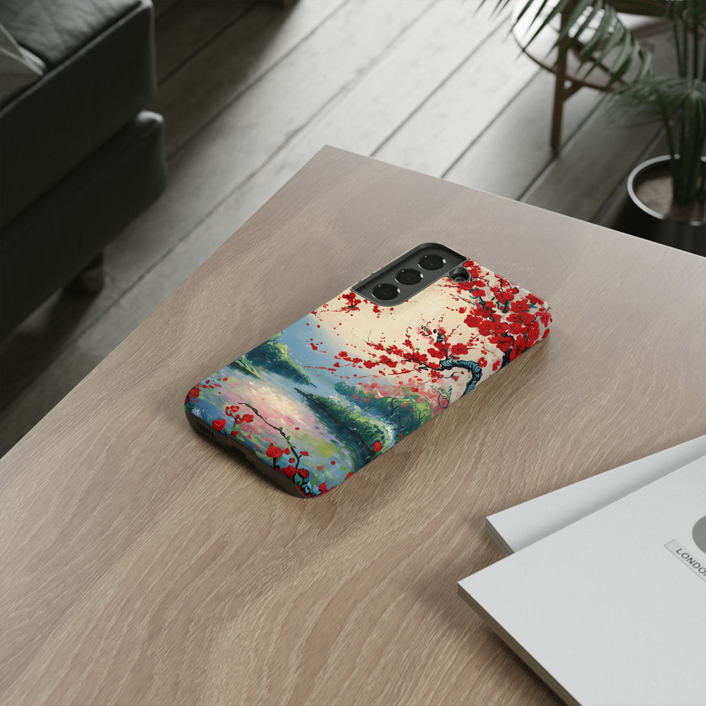 Crimson Blossom Lake - Artistic Floral Landscape Samsung Galaxy S22 Tough Phone Case - Red Cherry Blossoms & Serene Lake Design