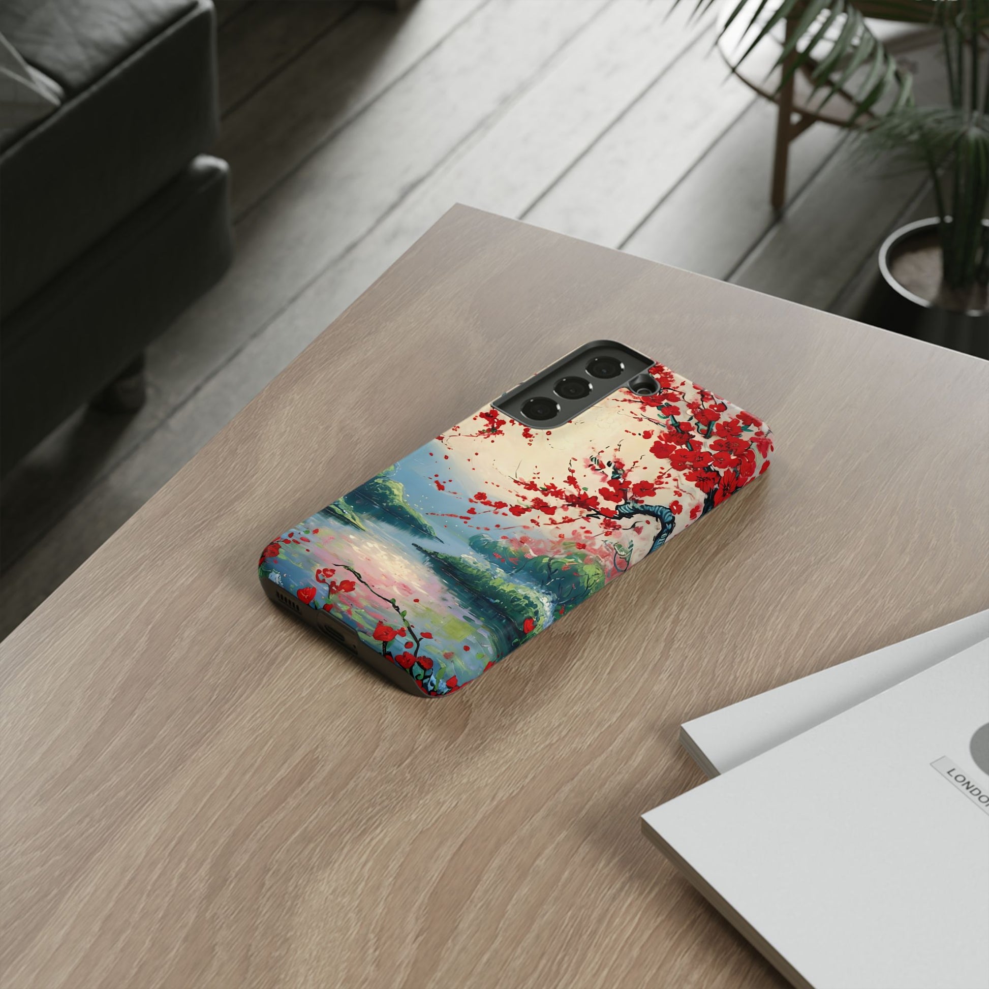 Crimson Blossom Lake - Artistic Floral Landscape Samsung Galaxy S22 Tough Phone Case - Red Cherry Blossoms & Serene Lake Design