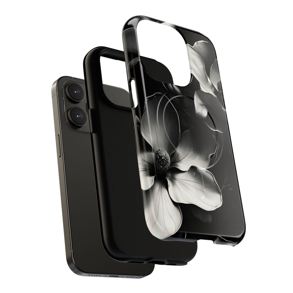 Monochrome Magnolia - Elegant Black & White Floral iPhone 14 Pro MagSafe Phone Case - Artistic Magnolia Design
