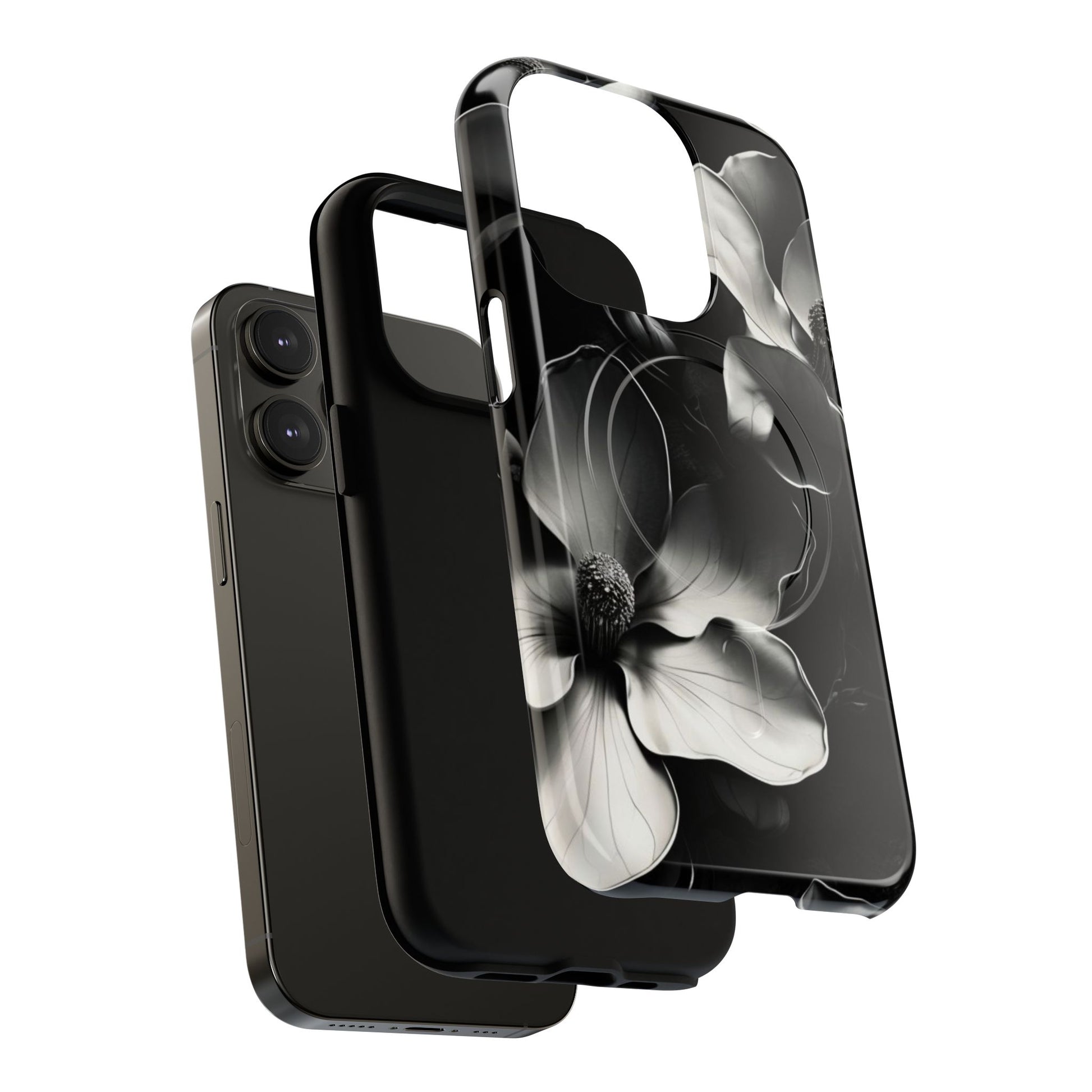 Monochrome Magnolia - Elegant Black & White Floral iPhone 14 Pro MagSafe Phone Case - Artistic Magnolia Design