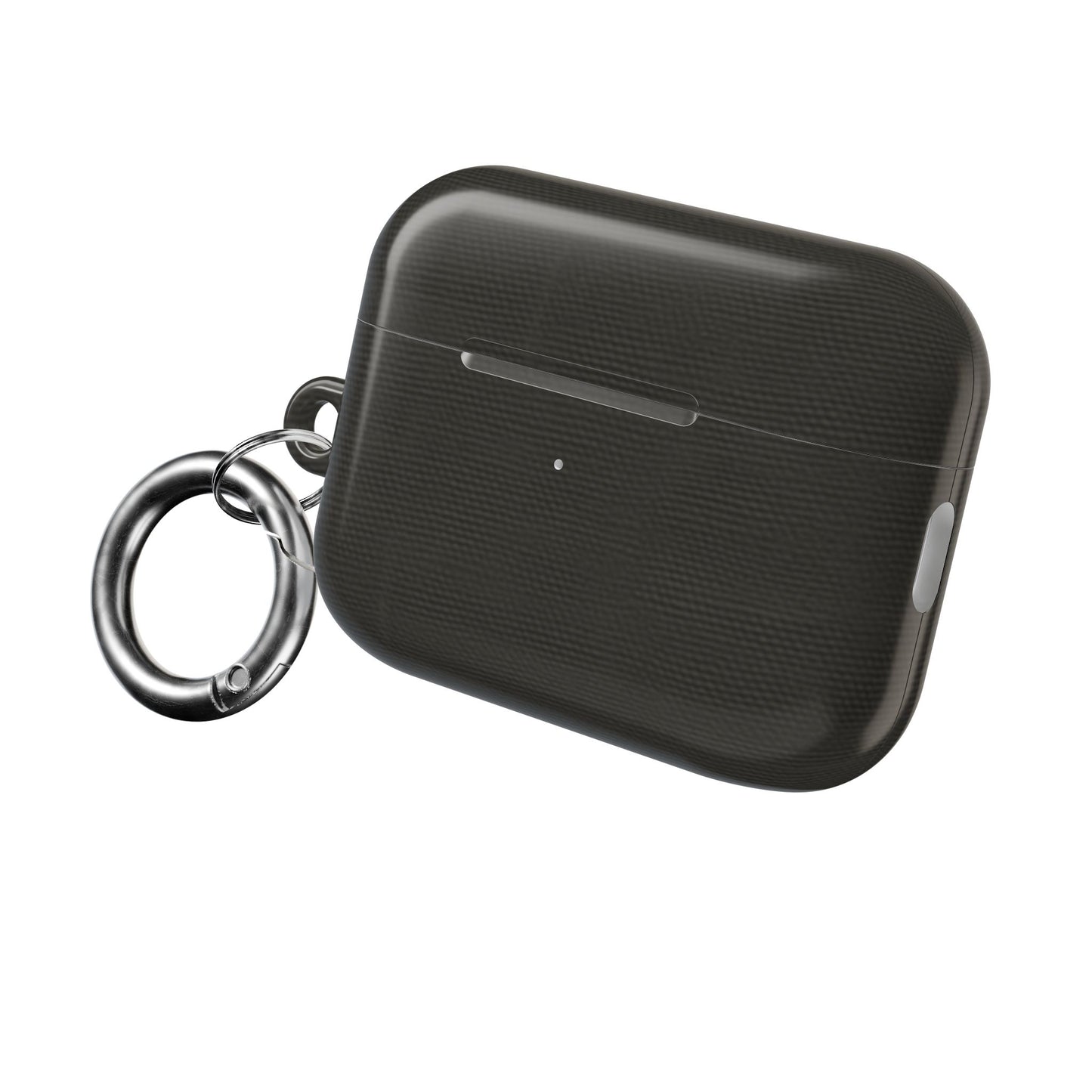 Charcoal Linen AirPods protective case with fabric texture design and attached carabiner clip