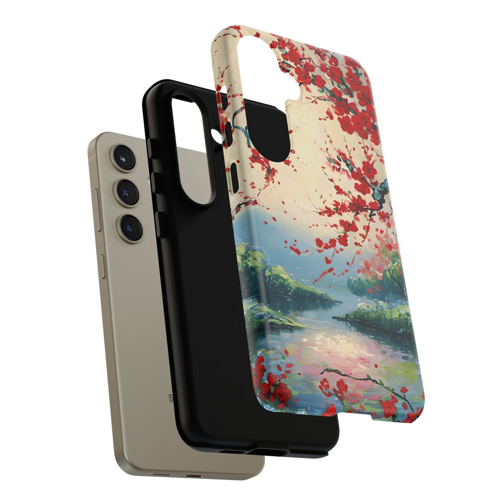 Crimson Blossom Lake - Artistic Floral Landscape Samsung Galaxy S24 Tough Phone Case - Red Cherry Blossoms & Serene Lake Design