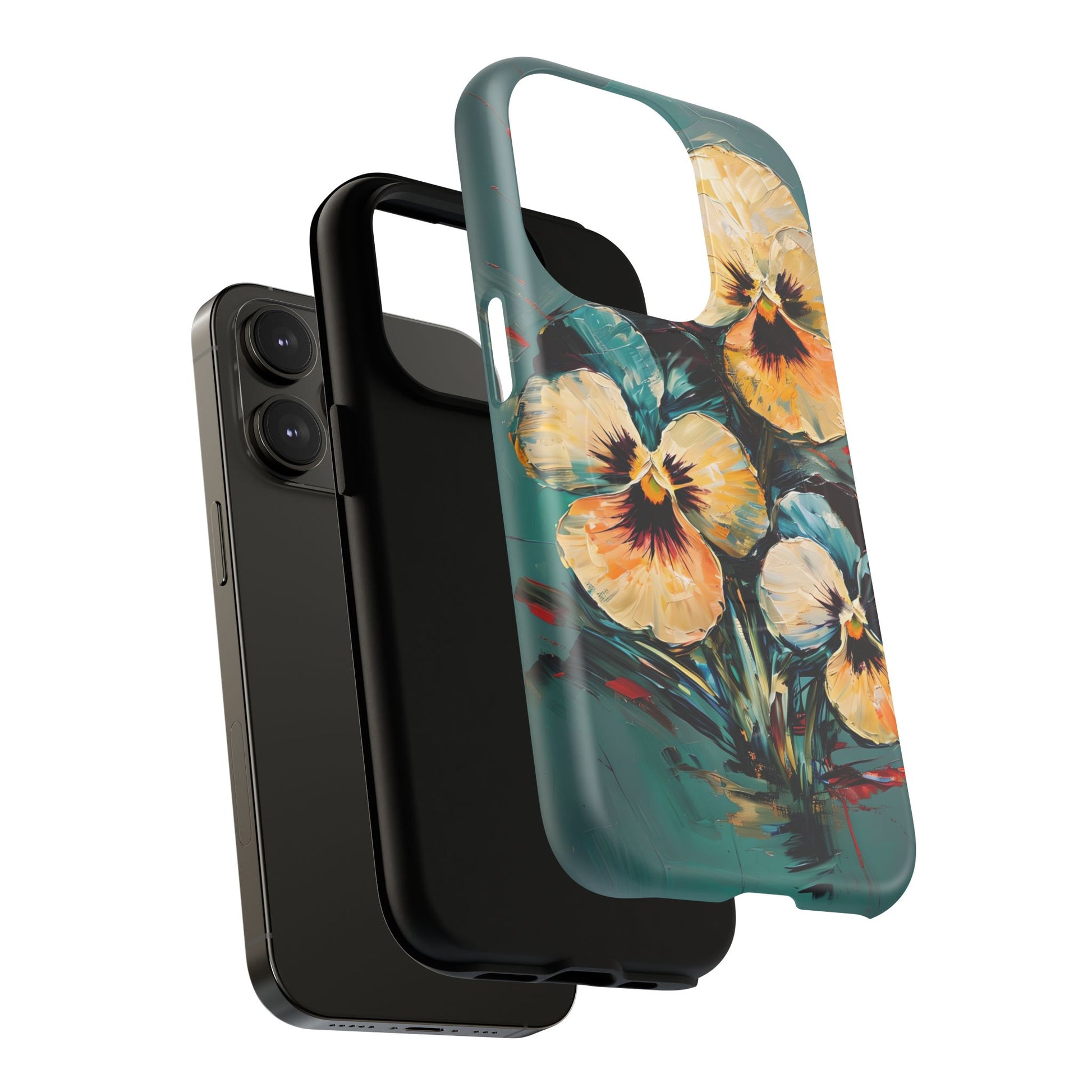 Golden Pansy Cascade - Elegant Floral iPhone 14 Pro MagSafe Case with Deep Teal Background