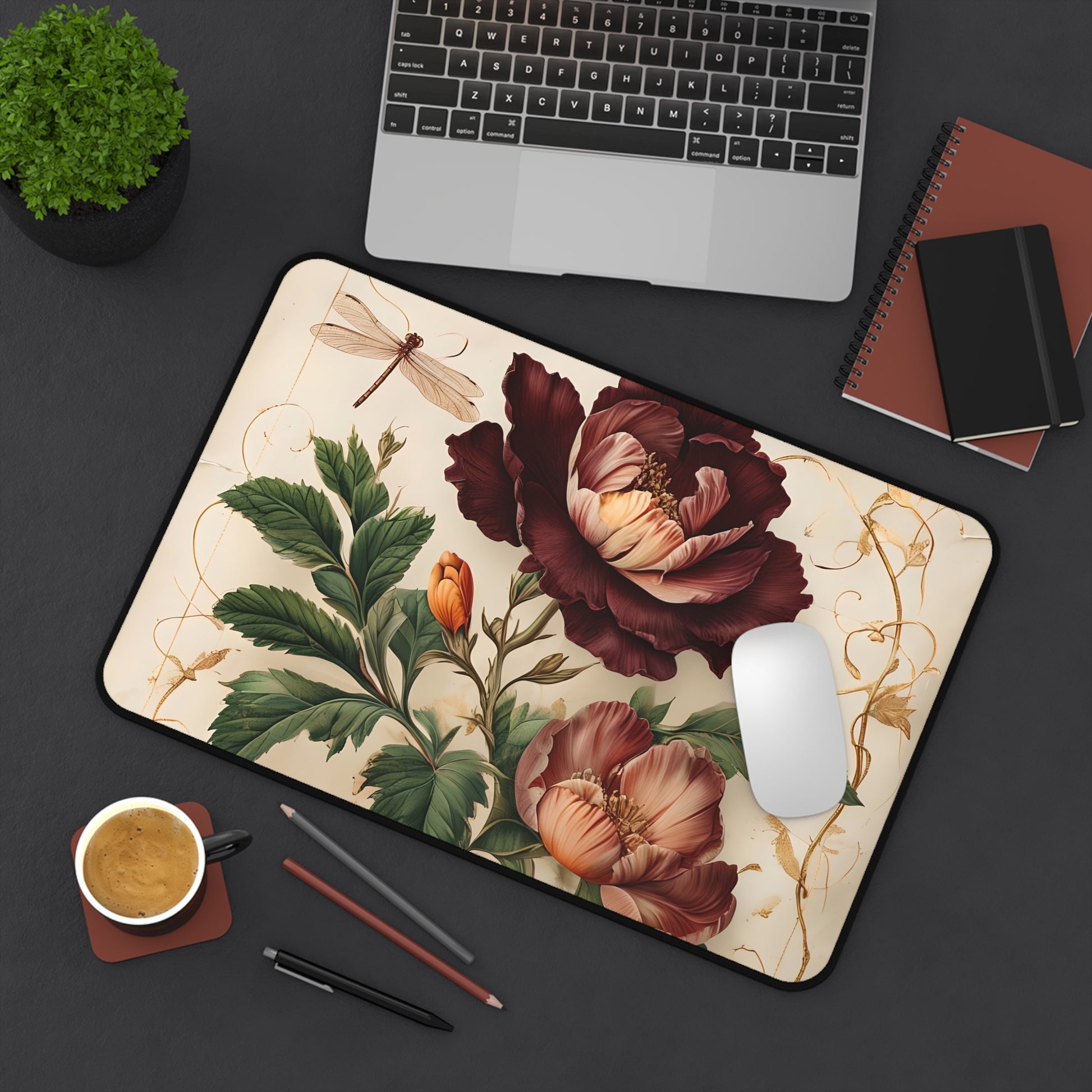 Vintage Burgundy Rose Designer Desk Mat - Premium Office Desk Pad, 3 Sizes Available, Artistic Workspace Protection