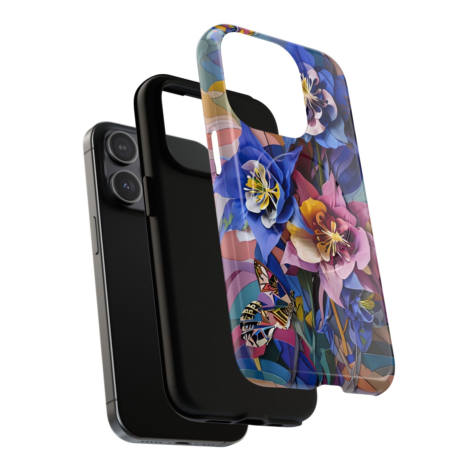 Blue Columbine Carnivale - Artistic Floral & Butterfly iPhone 15 Pro MagSafe Phone Case - Vibrant Botanical Design