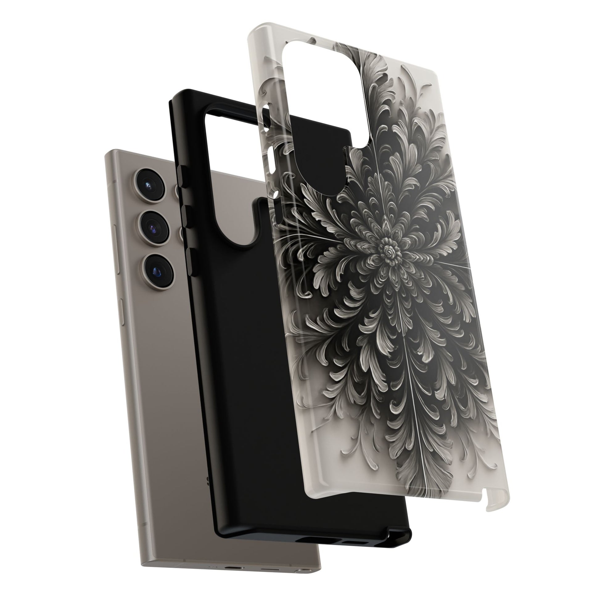 Obsidian Bloom - Elegant Black & White Samsung Galaxy S24 Ultra Tough Phone Case - Intricate Mandala Flower Design