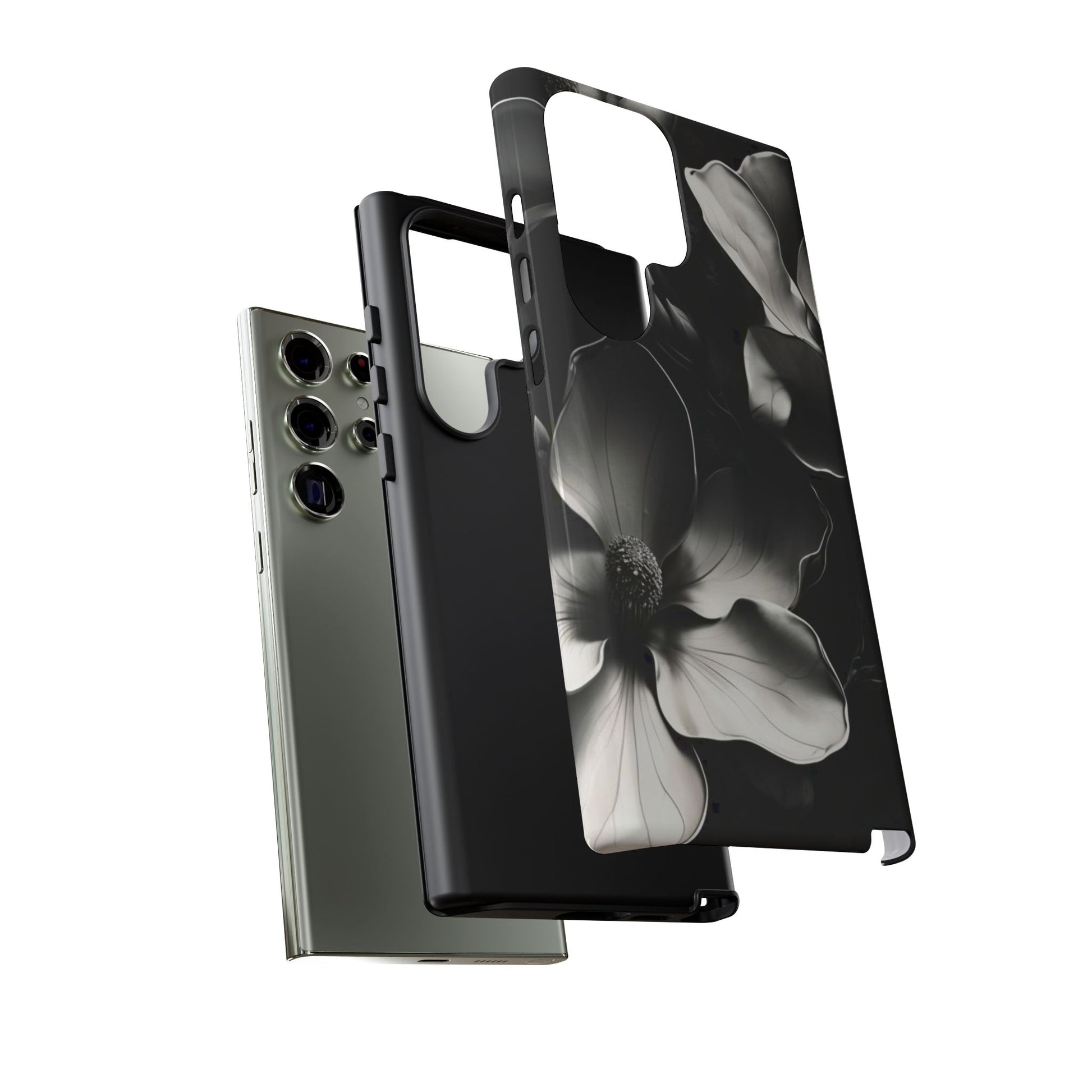 Monochrome Magnolia black and white floral Samsung Galaxy tough phone case dual layer protection
