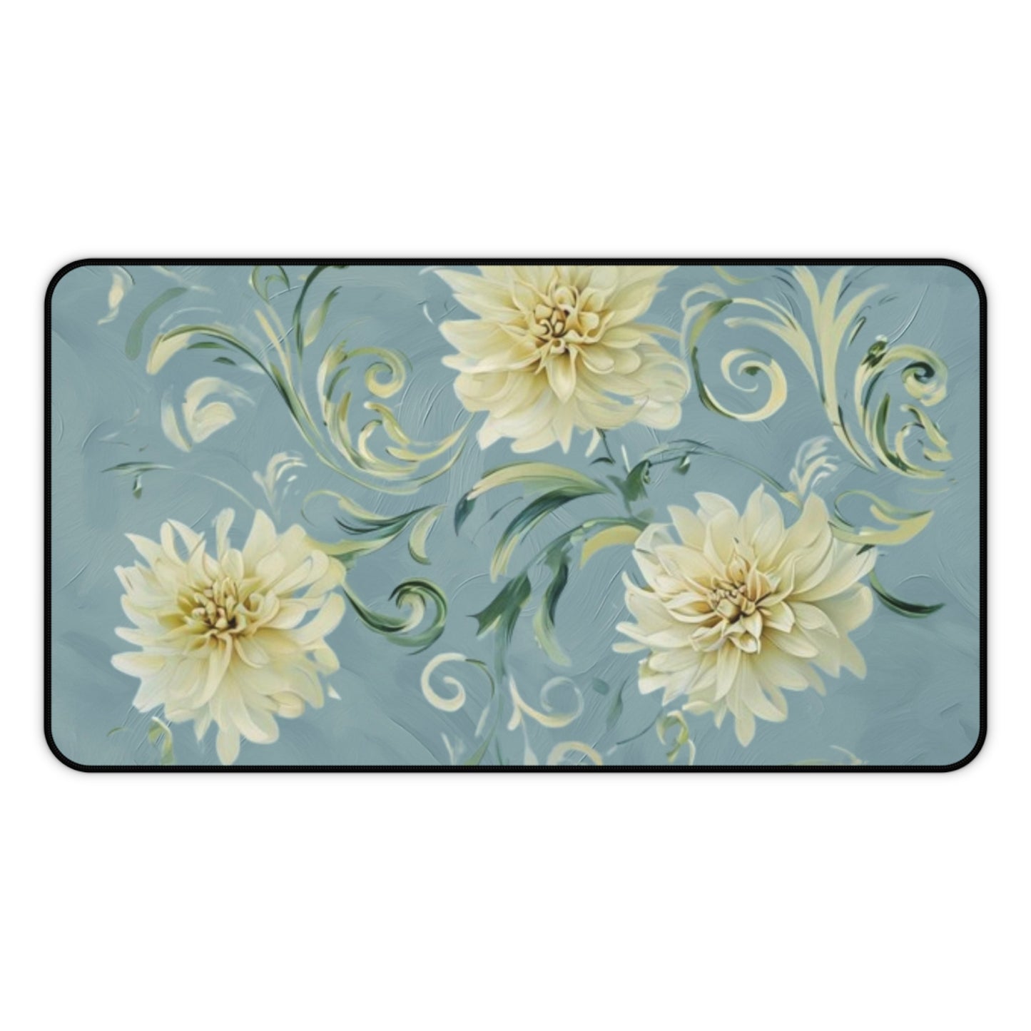 Golden Dahlia Trio desk mat featuring three golden dahlia flowers on soft blue background