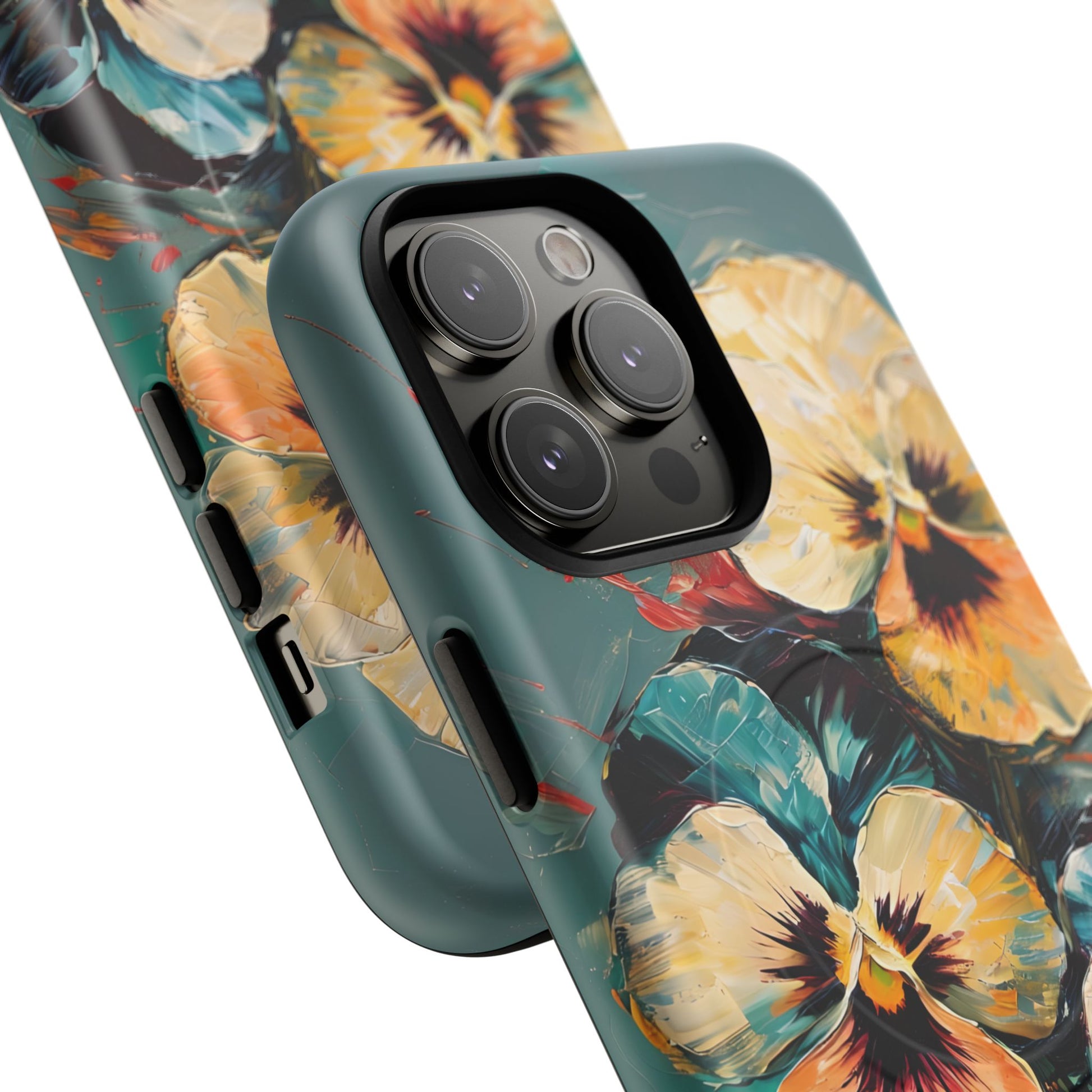 Golden Pansy Cascade - Elegant Floral iPhone 14 Pro Max MagSafe Case with Deep Teal Background