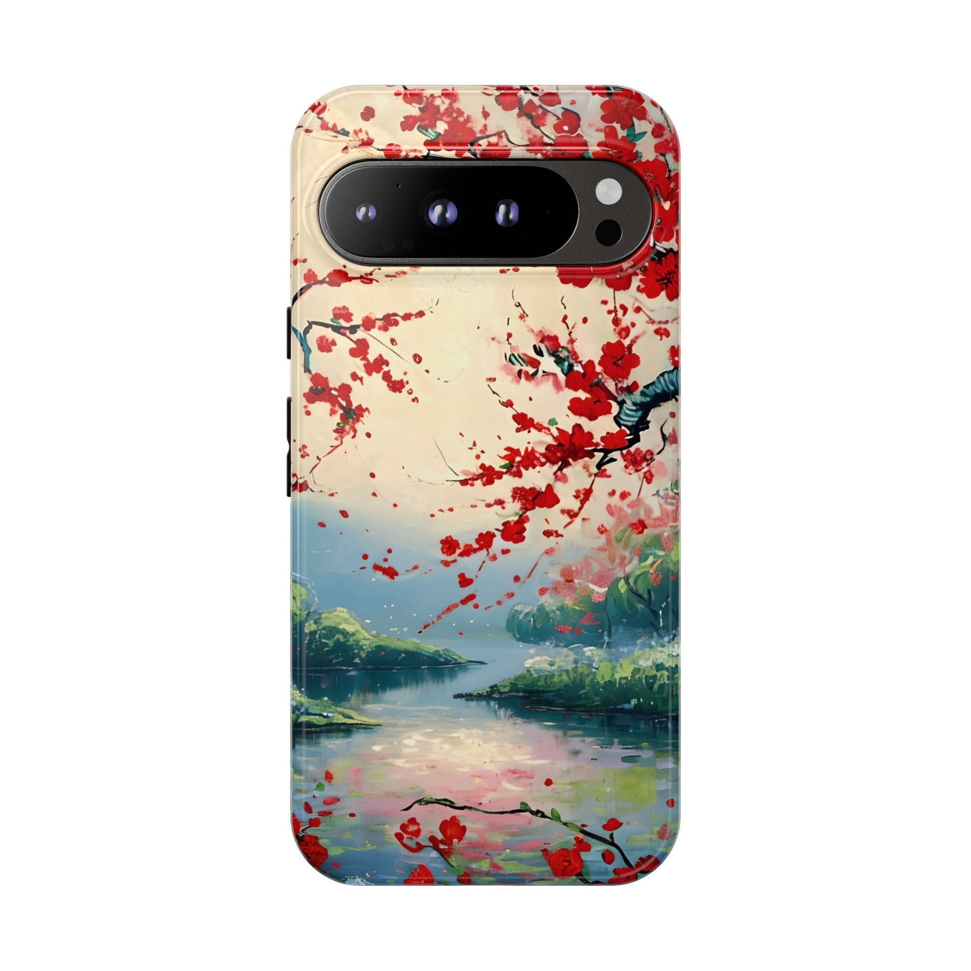 Crimson Blossom Lake - Artistic Floral Landscape Google Pixel 9 Pro XL Tough Phone Case - Red Cherry Blossoms & Serene Lake Design