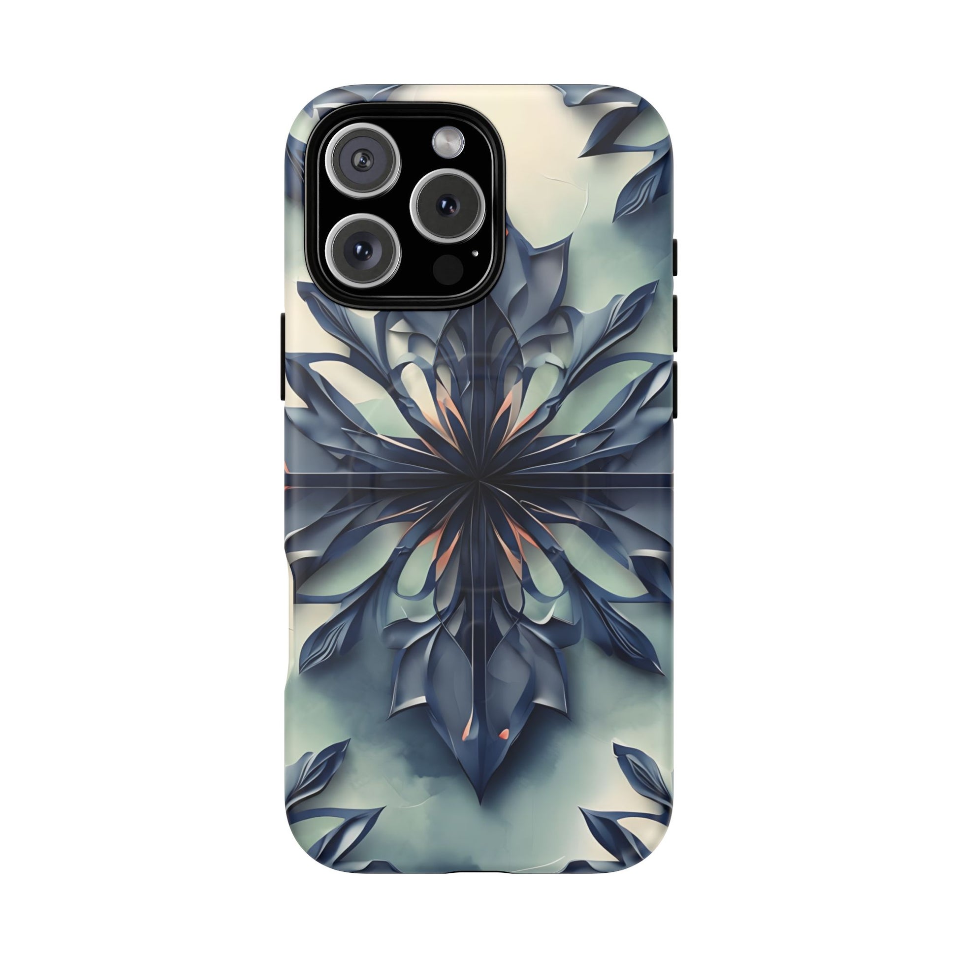 Frosted Indigo Bloom - Artistic Kaleidoscope Collection Artistic Floral - iPhone 16 Pro Max MagSafe Phone Case -Blue Symmetrical Design