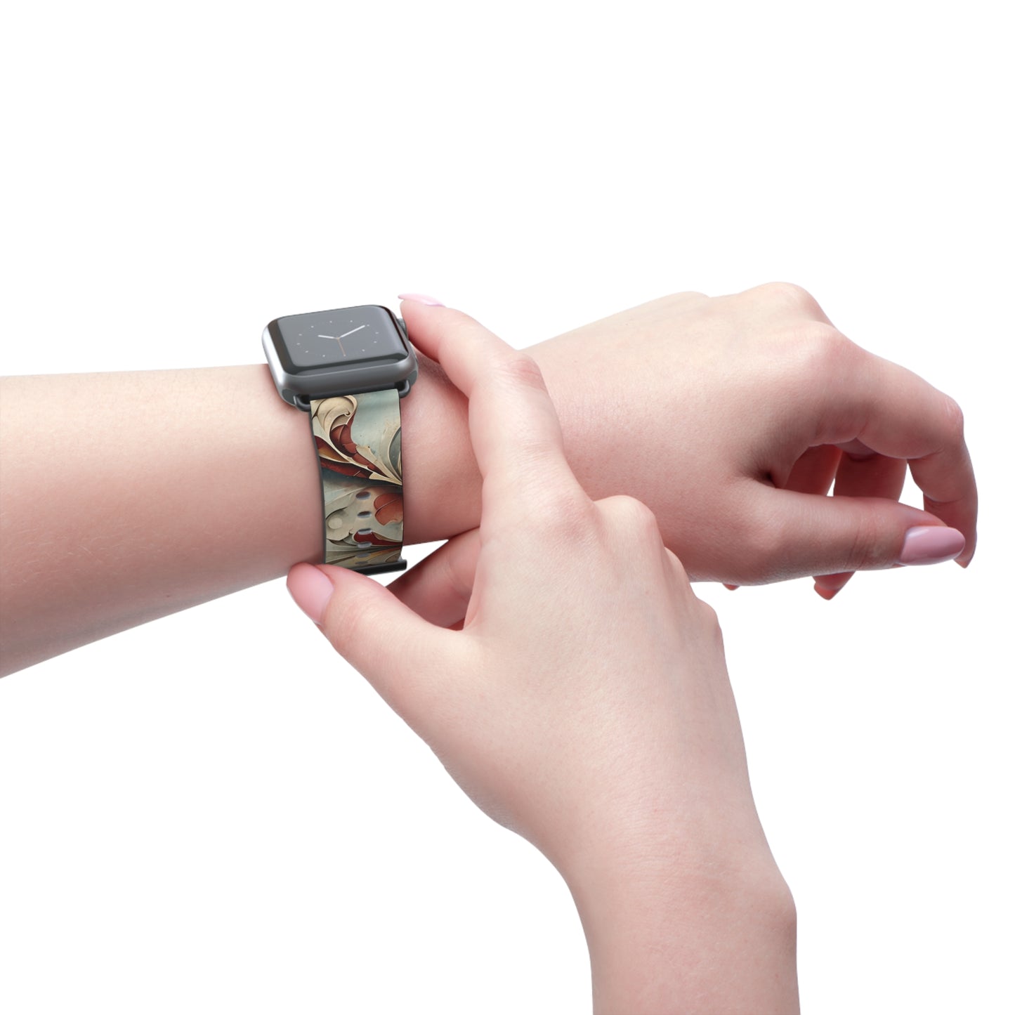 Vintage Baroque Blossom Apple Watch band worn on wrist featuring elegant vintage floral baroque design