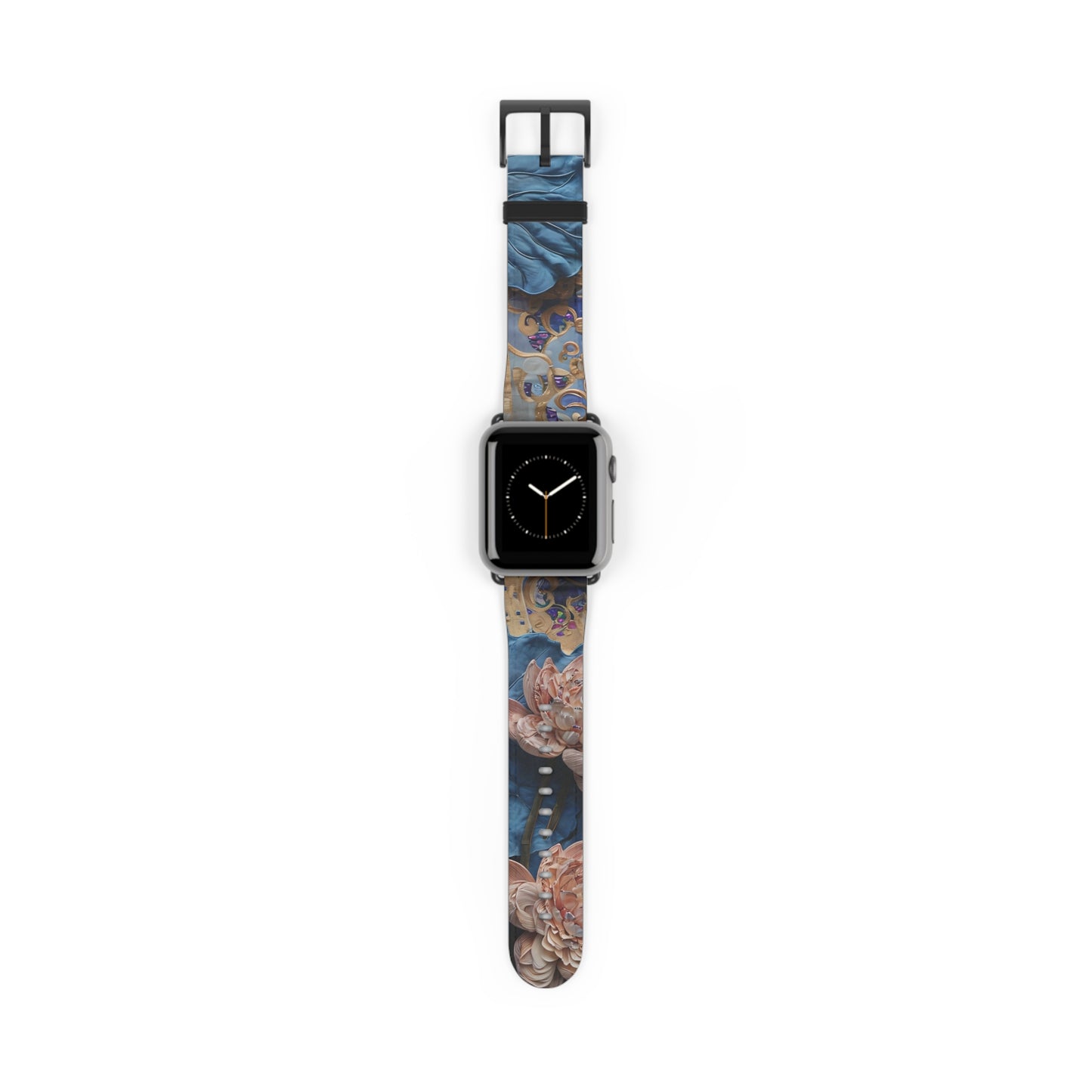 Peony Midnight Tapestry Apple Watch band featuring peony floral tapestry artwork in deep blue and warm copper tones with black clasp