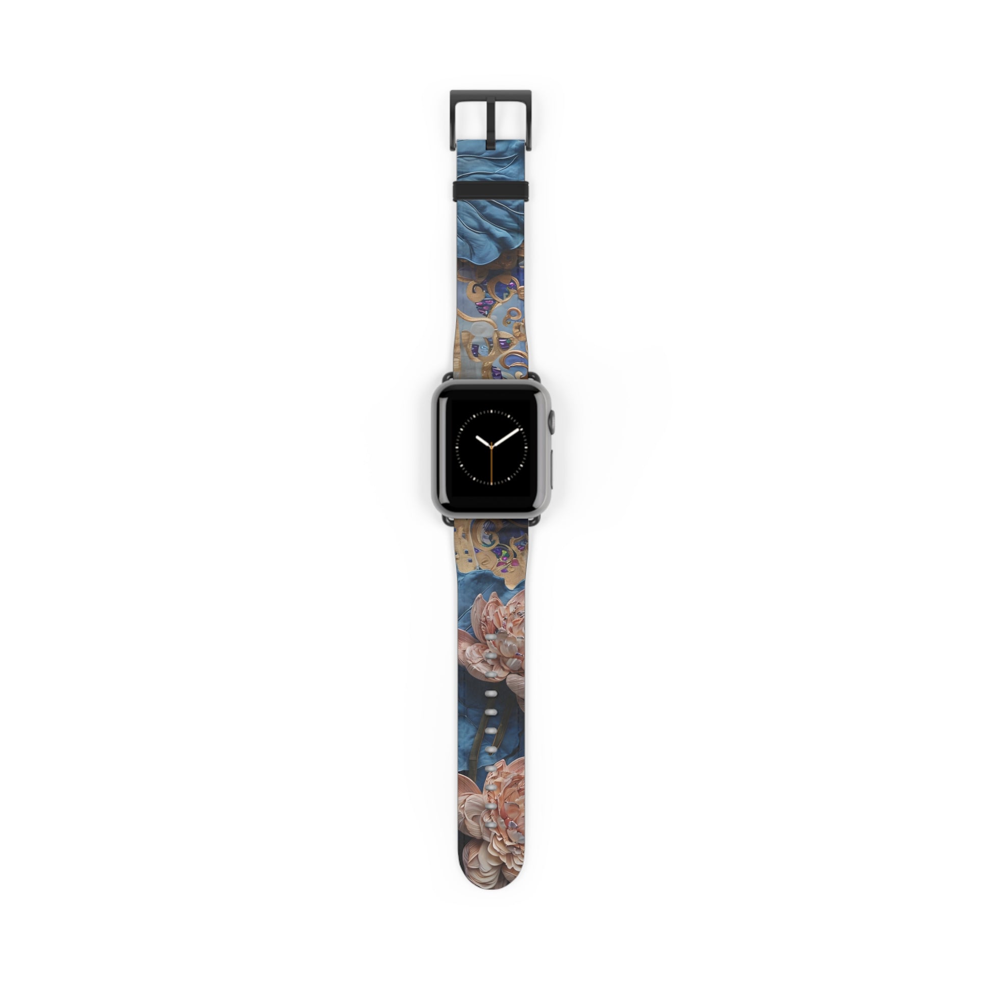 Peony Midnight Tapestry Apple Watch band featuring peony floral tapestry artwork in deep blue and warm copper tones with black clasp