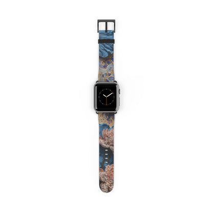 Peony Midnight Tapestry Apple Watch band featuring peony floral tapestry artwork in deep blue and warm copper tones with black clasp
