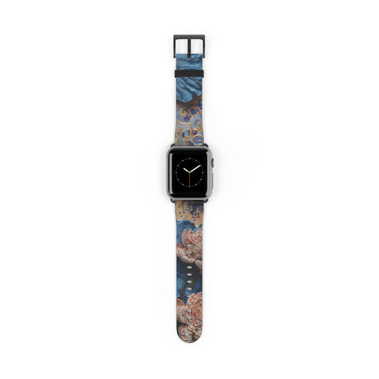 Peony Midnight Tapestry Apple Watch band featuring peony floral tapestry artwork in deep blue and warm copper tones with black clasp