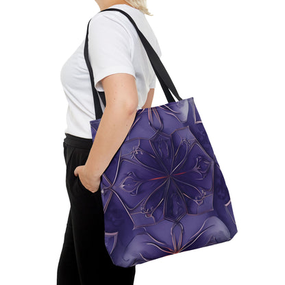 Violet Nebula Tote Bag (16x16 & 18x18)- Deep Purple Abstract Flower with Black Handles, Reusable & Eco-Friendly Canvas