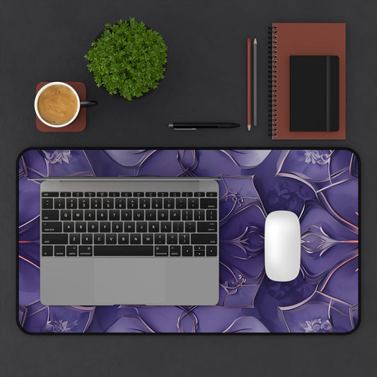 Violet Nebula desk mat in desk setup with keyboard showing purple nebula-inspired artwork