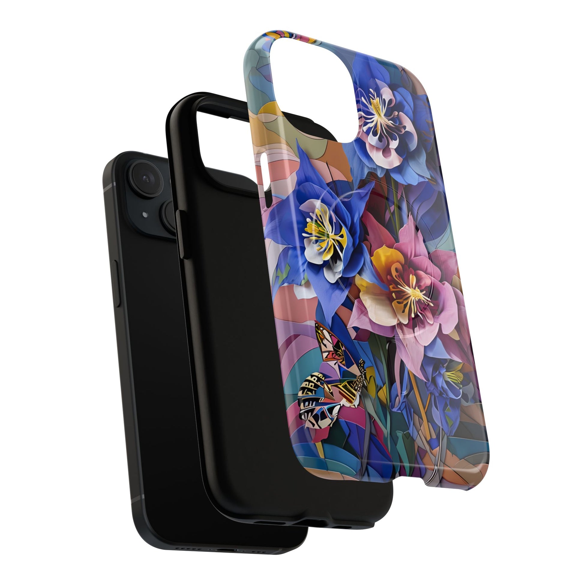 Blue Columbine Carnivale - Artistic Floral & Butterfly iPhone 15 MagSafe Phone Case - Vibrant Botanical Design