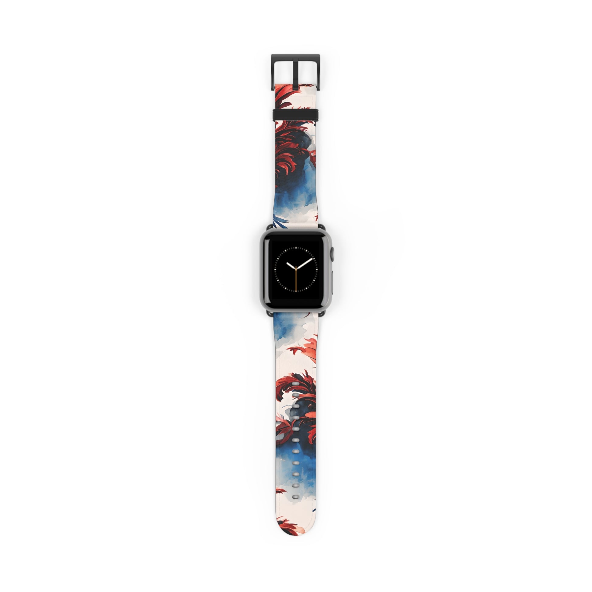 Crimson Plume Apple Watch band with watch face featuring flowing red, white and blue feather artwork