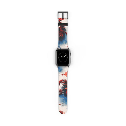 Crimson Plume Apple Watch band with watch face featuring flowing red, white and blue feather artwork