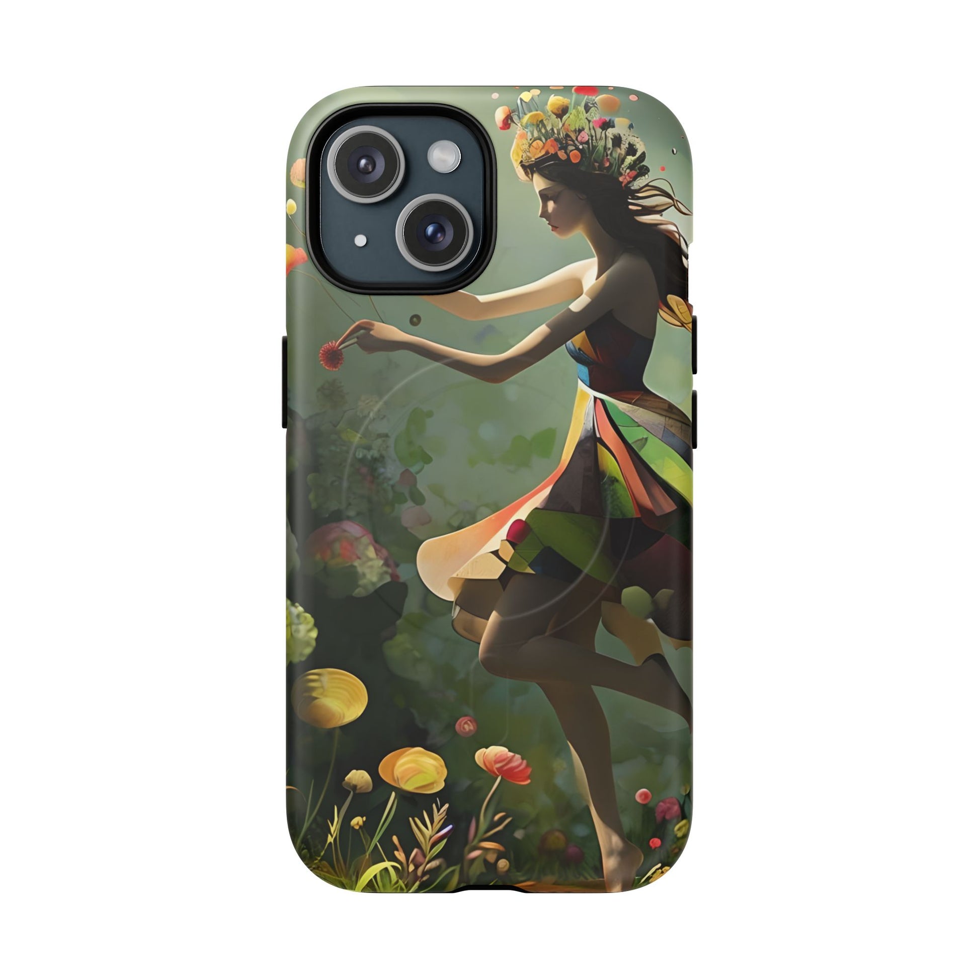 Dancing Wildflower Muse iPhone 15 - Artistic Floral Fantasy Cover - MagSafe Compatible - Whimsical Nature-Inspired Protective Accessory