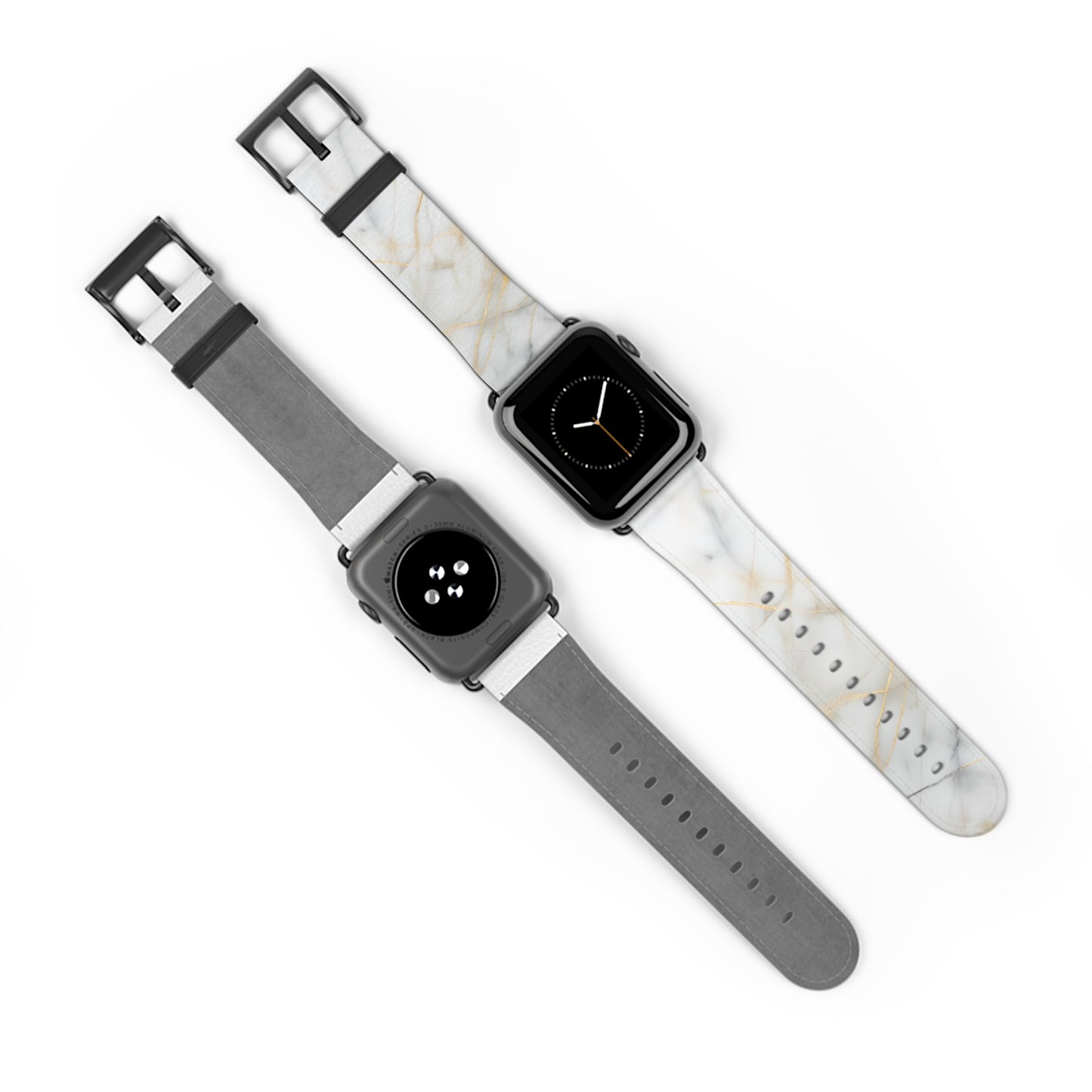Golden Vein Apple Watch bands shown on two watches front and back highlighting white marble and gold vein design