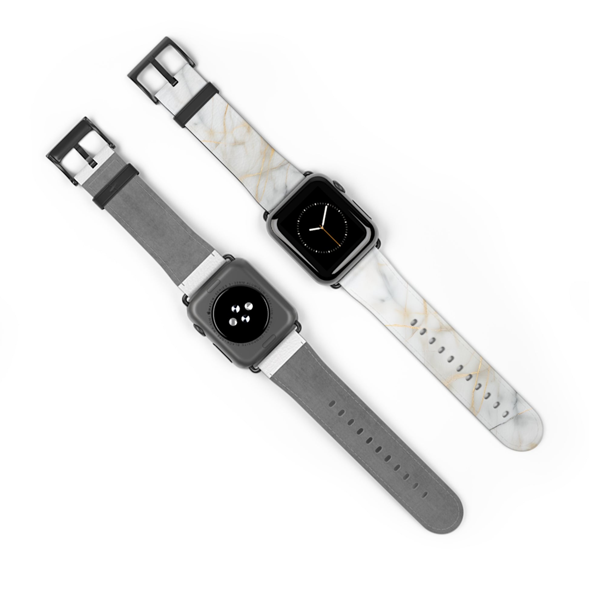 Golden Vein Apple Watch bands shown on two watches front and back highlighting white marble and gold vein design