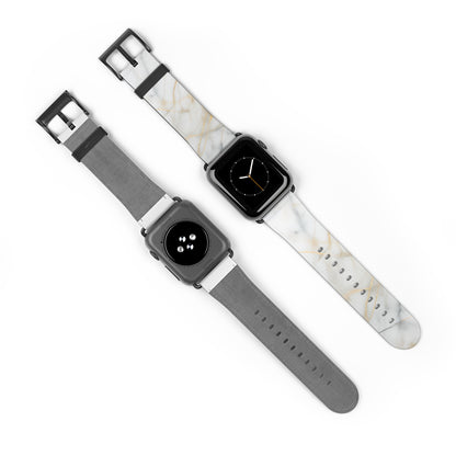 Golden Vein Apple Watch bands shown on two watches front and back highlighting white marble and gold vein design