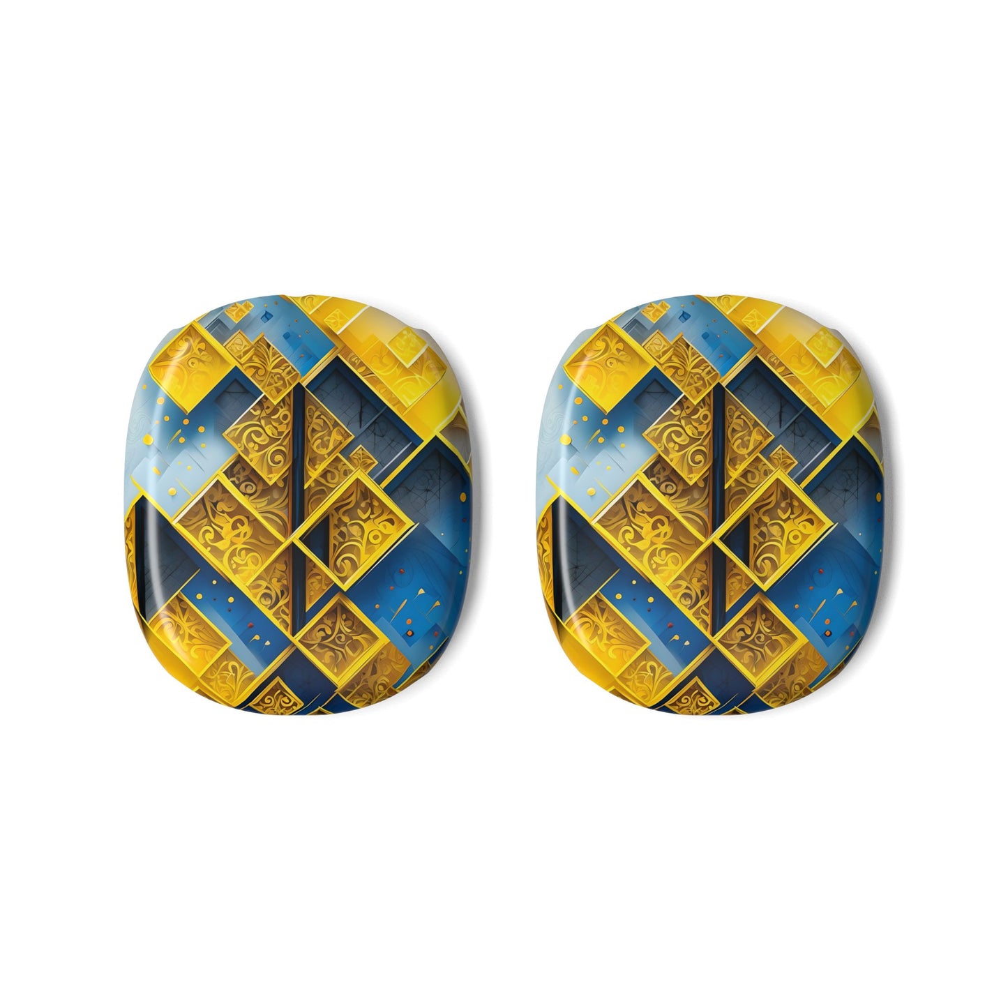 Golden Ascent AirPods Max ear cup covers with modern yellow and navy geometric block pattern and speckled gold details, flat product view