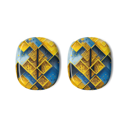 Golden Ascent AirPods Max ear cup covers with modern yellow and navy geometric block pattern and speckled gold details, flat product view