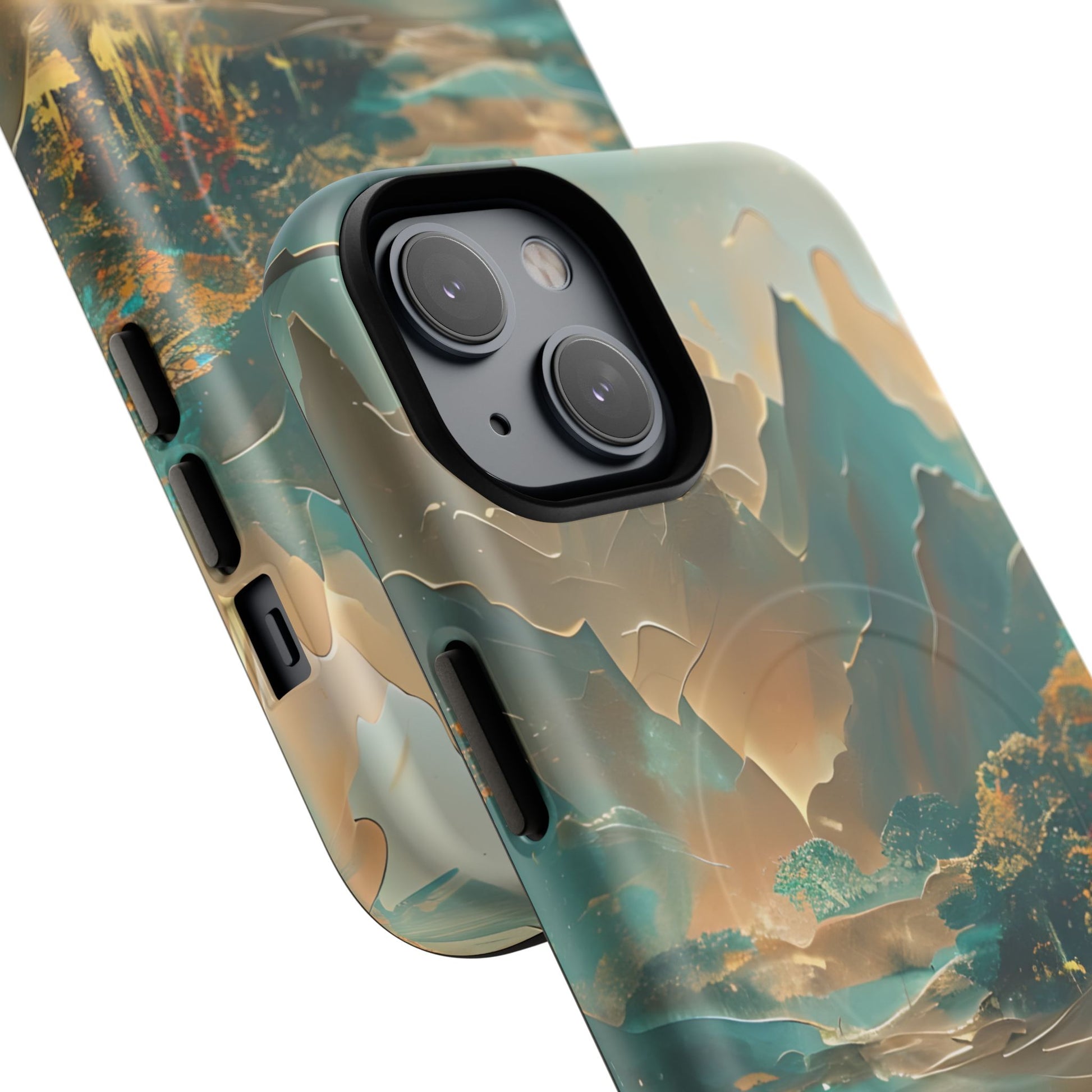Misty Horizon - Serene Landscape Art iPhone 14 MagSafe Phone Case - Tranquil Mountain & Lake Design