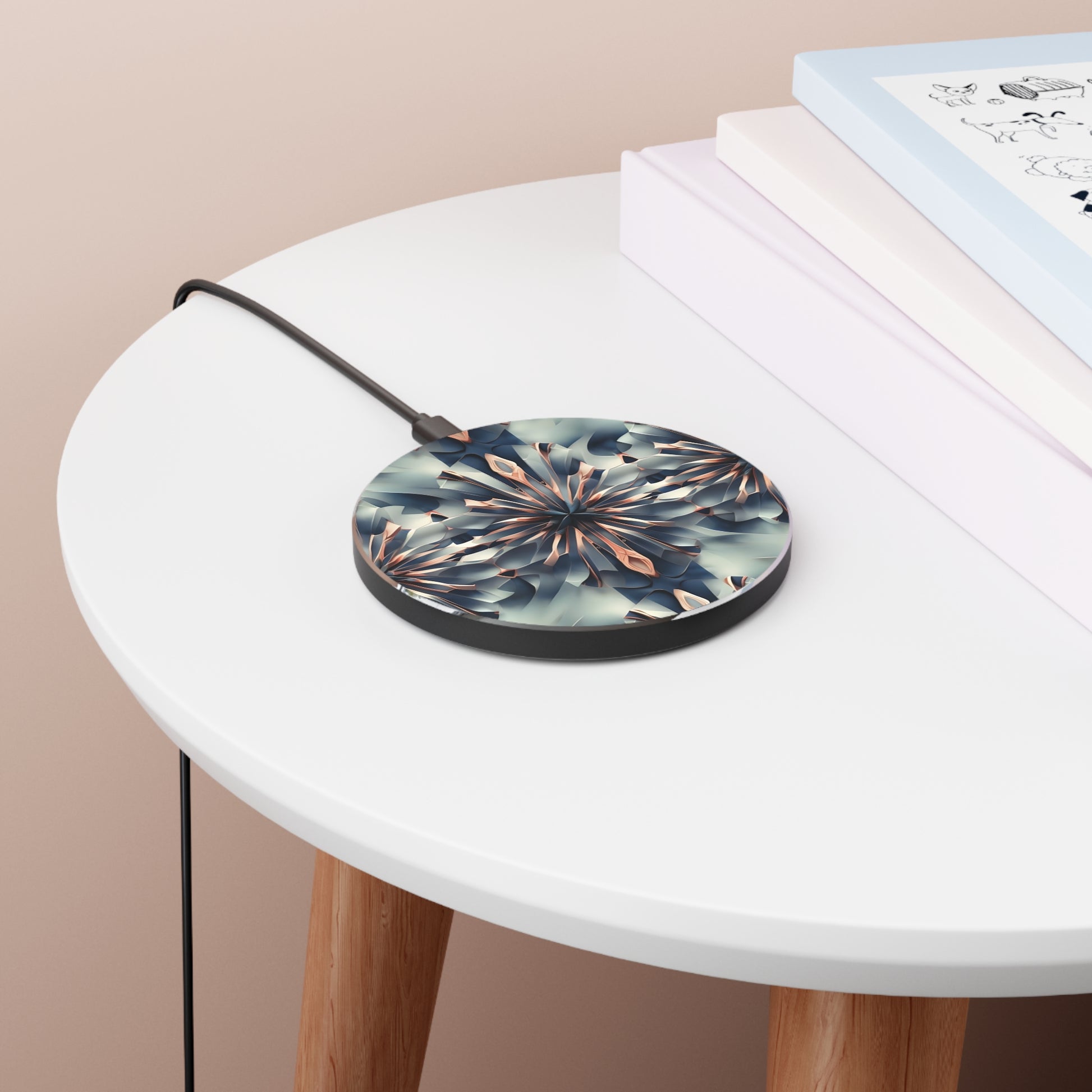 Obsidian Kaleidoscope abstract geometric art Qi wireless charger on bedside table with books