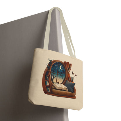 Starlit Sanctuary canvas tote bag hanging with dreamy celestial night sky design
