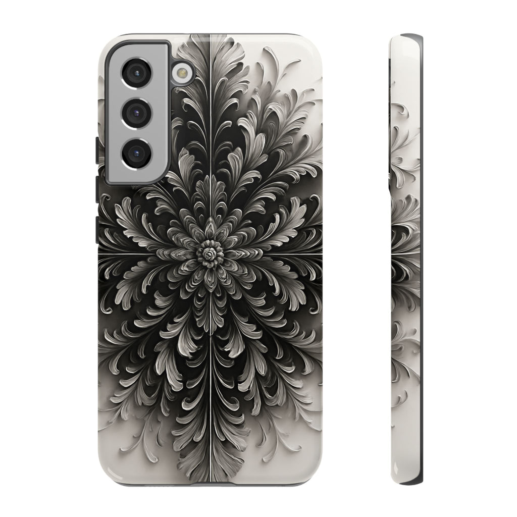 Obsidian Bloom - Elegant Black & White Samsung Galaxy S22 Plus Tough Phone Case - Intricate Mandala Flower Design