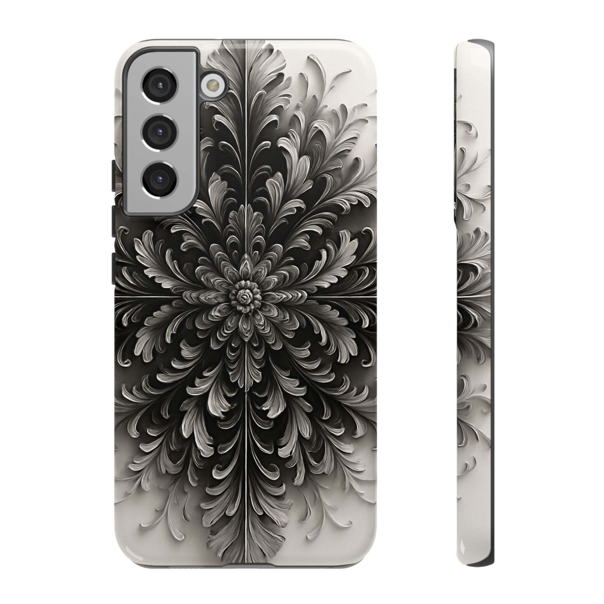Obsidian Bloom - Elegant Black & White Samsung Galaxy S22 Plus Tough Phone Case - Intricate Mandala Flower Design