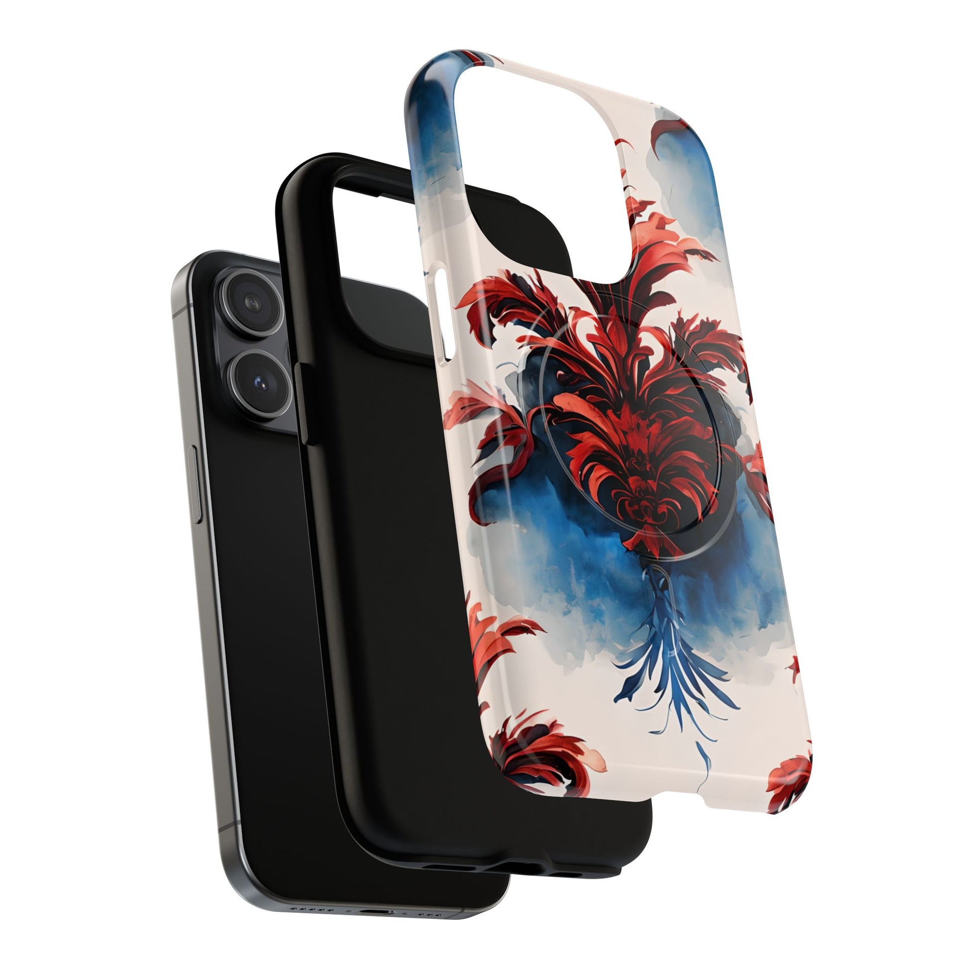 Crimson Plume - Bold Artistic Feather iPhone 15 Pro MagSafe Phone Case - Dramatic Red & Blue Design