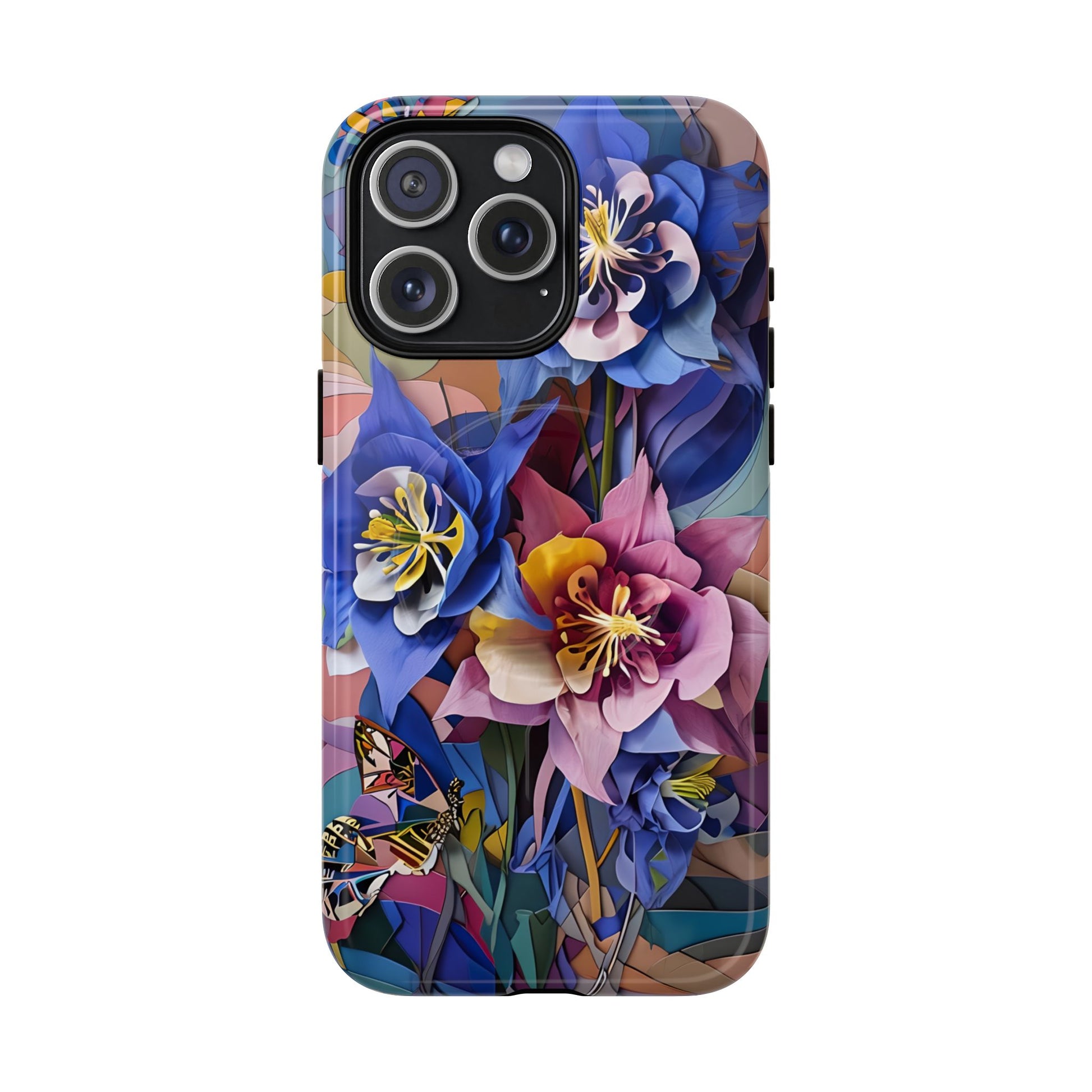 Blue Columbine Carnivale - Artistic Floral & Butterfly iPhone 15 Pro Max MagSafe Phone Case - Vibrant Botanical Design