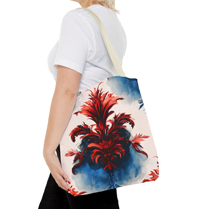 Crimson Plume Tote Bag (16x16 & 18x18)- Bold Abstract Floral in Red and Blue, Reusable & Eco-Friendly
