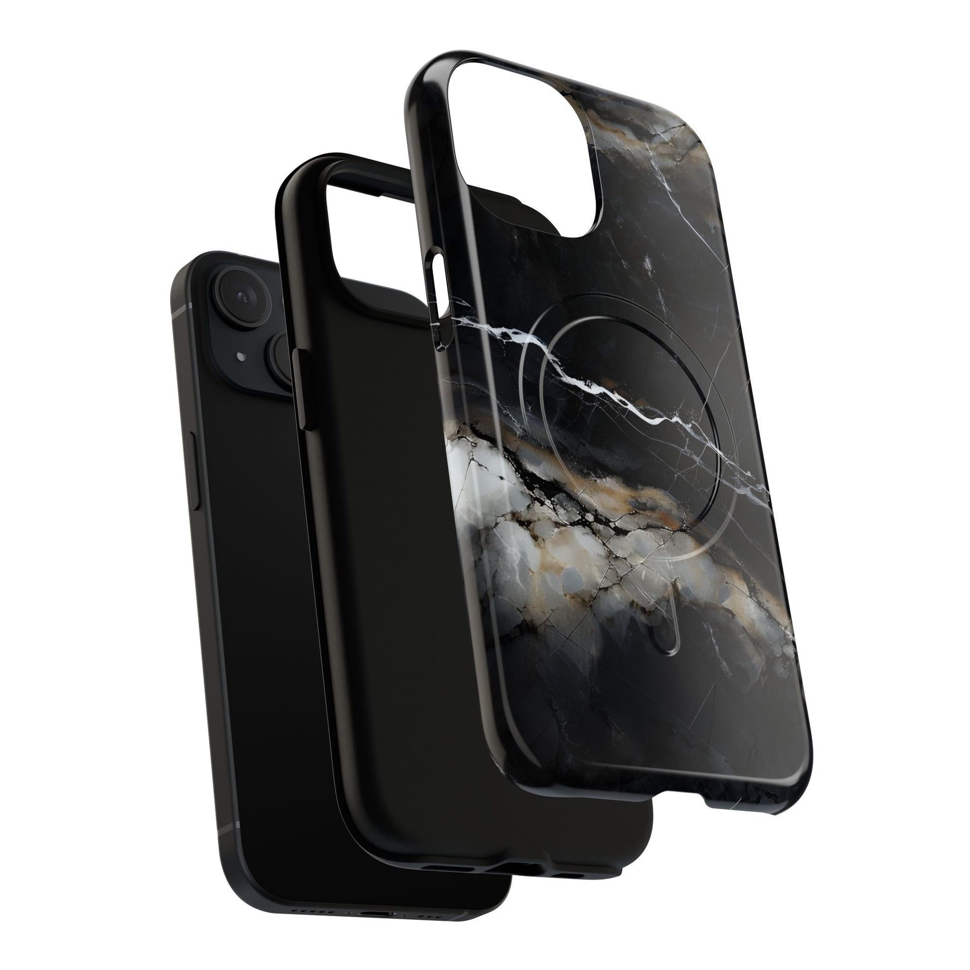 Obsidian Vein iPhone 15 MagSafe Phone Case -Black Neutral Marble Design