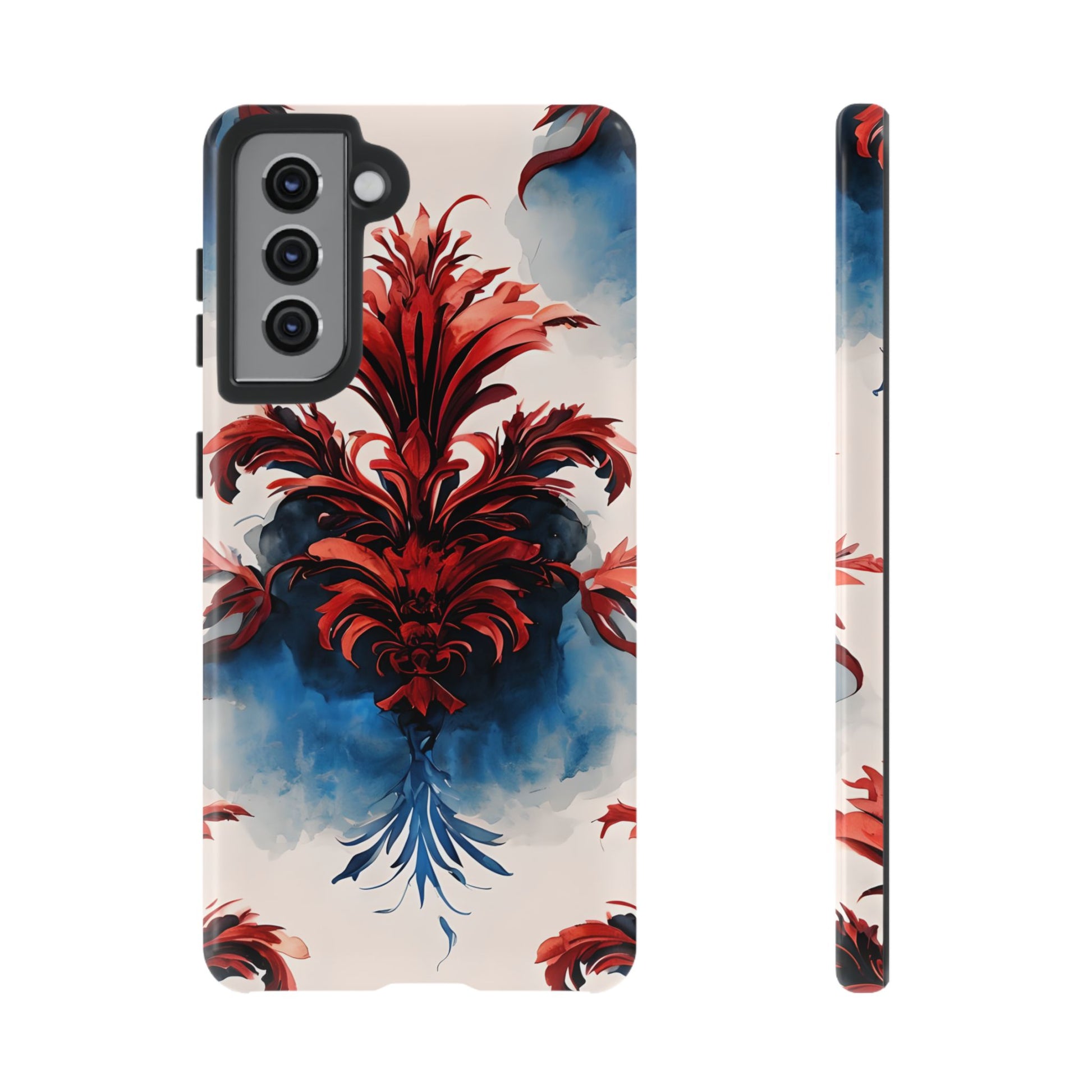 Crimson Plume - Bold Artistic Feather Samsung Galaxy S21 Tough Phone Case - Dramatic Red & Blue Design