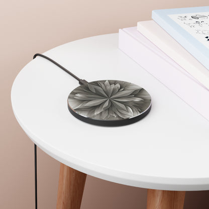 Silver Lotus gray lotus mandala art Qi wireless charger on bedside table with books