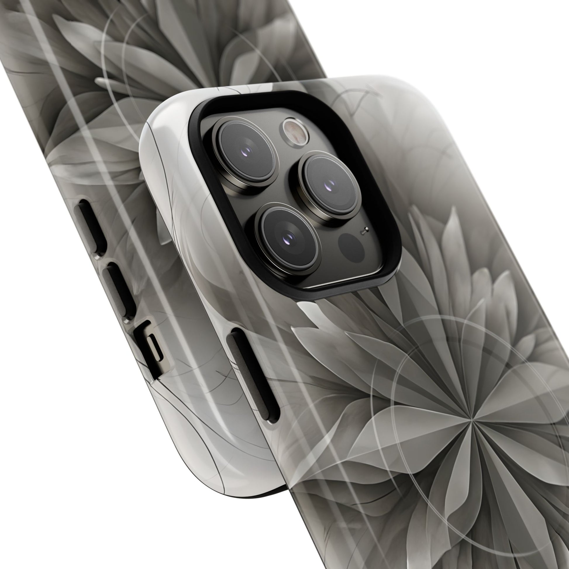 Silver Lotus - Elegant Monochrome Floral iPhone 14 Pro Max MagSafe Phone Case - Modern Lotus Design