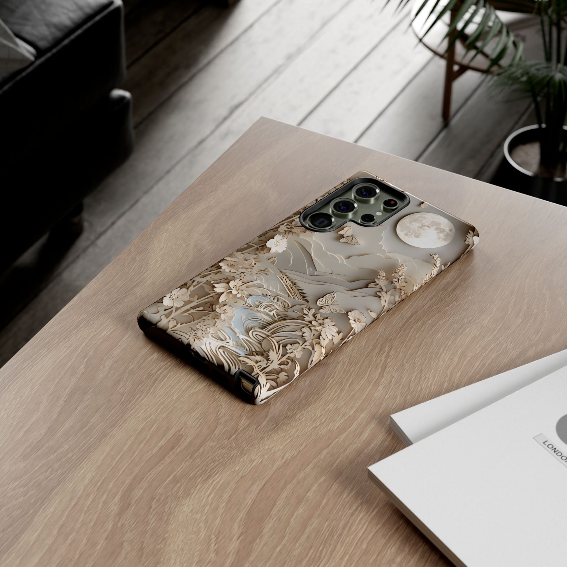 Moonlit Garden moonlit floral landscape Samsung Galaxy phone case lifestyle desk scene