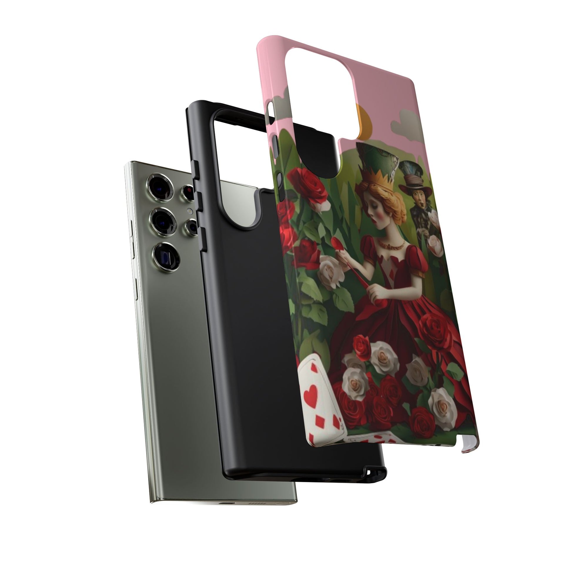 Regal Rose Court Samsung Galaxy dual layer tough case with fantasy queen, crown, and blooming roses, side and back view