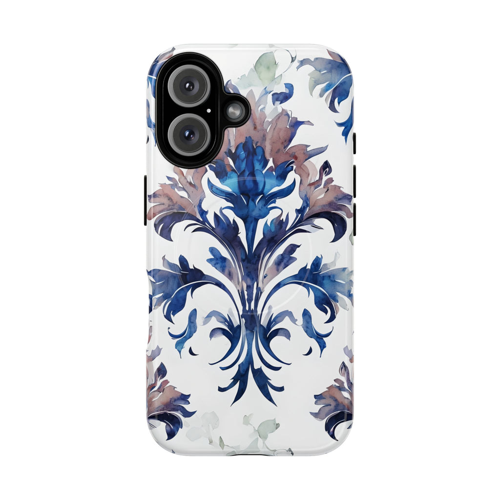 Delft Reverie - Elegant Blue & White iPhone 16 MagSafe Phone Case - Dutch Delftware-Inspired Floral Design