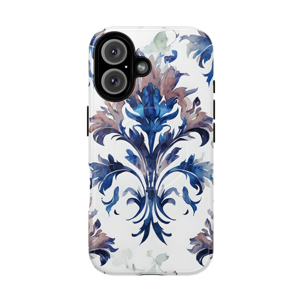 Delft Reverie - Elegant Blue & White iPhone 16 MagSafe Phone Case - Dutch Delftware-Inspired Floral Design