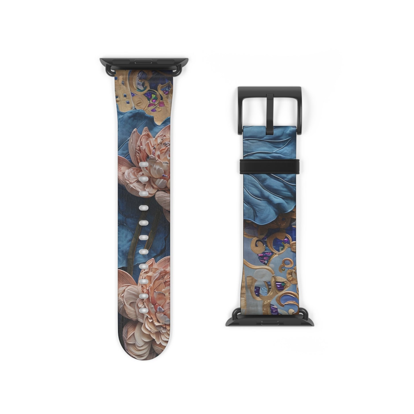 Peony Midnight Tapestry Apple Watch band floral tapestry design shown with black clasp